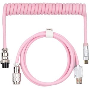imageEPOMAKER Mix 18m Coiled Keyboard Cable USB C to USB A TPU Cable for Mechanical Gaming Keyboard with Detachable Metal Aviator for Custom Keyboard WhitePuff Pink