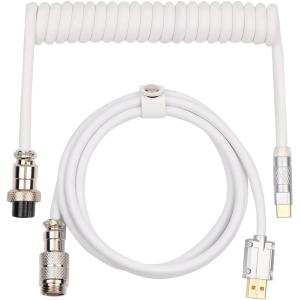imageEPOMAKER Mix 18m Coiled Keyboard Cable USB C to USB A TPU Cable for Mechanical Gaming Keyboard with Detachable Metal Aviator for Custom Keyboard WhitePuff White