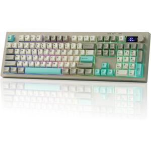 imageEPOMAKER Aula S102 PRO Membrane Gaming Keyboard with TFT Screen Volume Knob amp Number Pad BT24GUSB RGB Backlit Creamy Silicone Structure Silent Keyboard for PC GameOffice GreyGrey