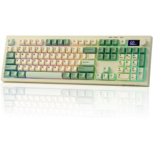 imageEPOMAKER Aula S102 PRO Membrane Gaming Keyboard with TFT Screen Volume Knob amp Number Pad BT24GUSB RGB Backlit Creamy Silicone Structure Silent Keyboard for PC GameOffice GreyYellow